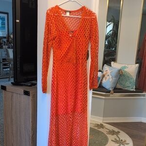 VENUS Bold Orange Long Sleeve Crochet Dress Brand New
